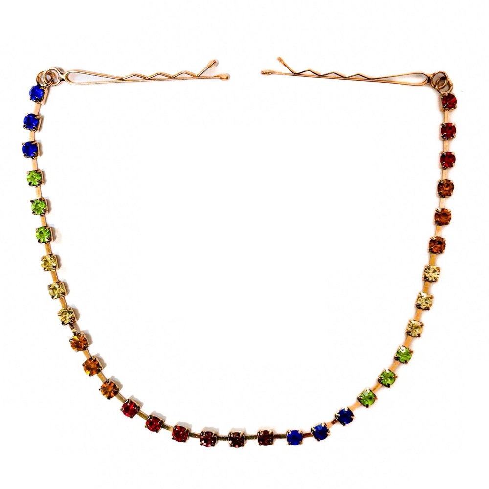 NEW - Rose Gold Rainbow Rhinestone Double Bobby Pin Chain Hair Accessory 14”